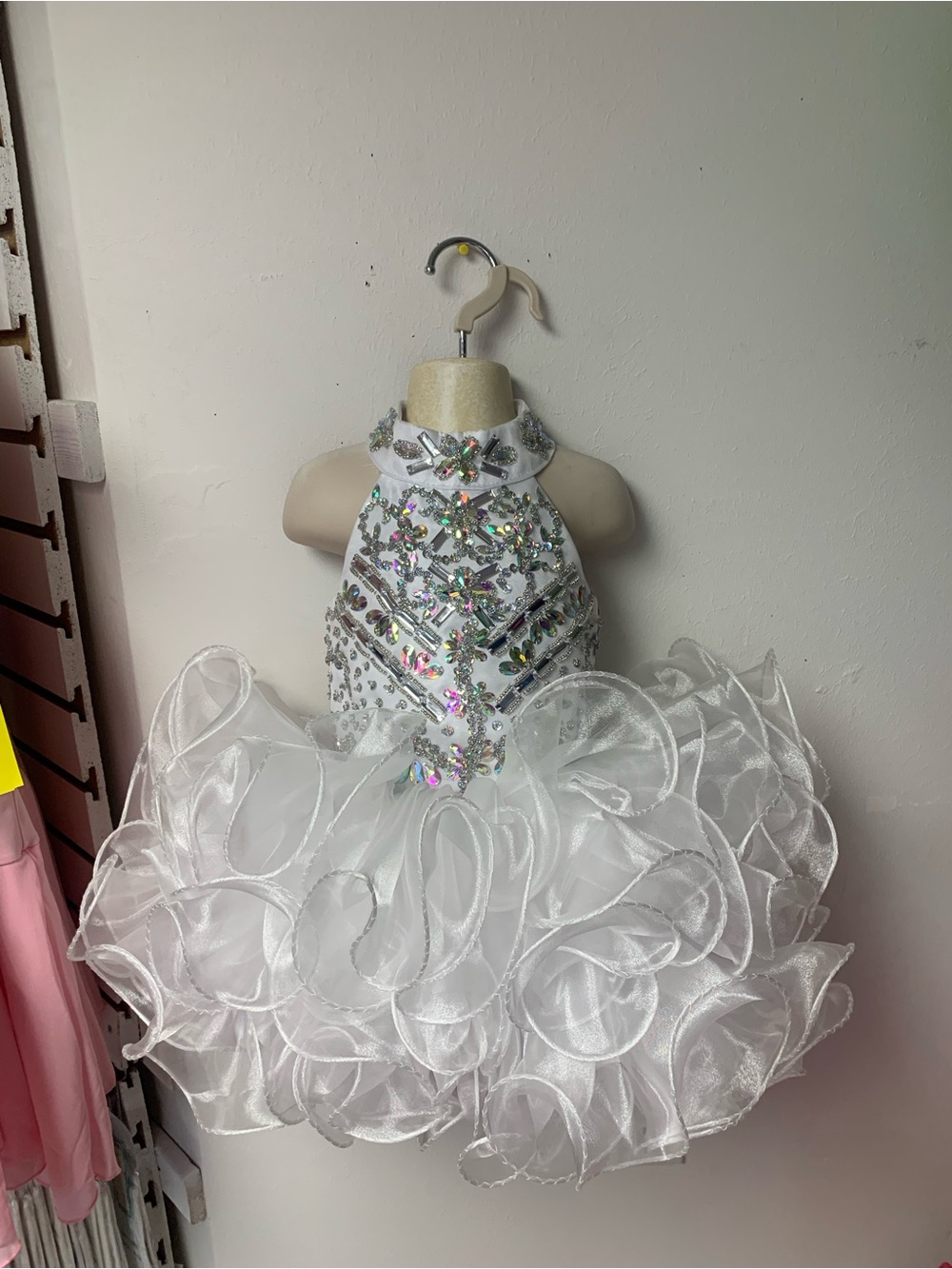 Childs Size 3 White Beaded Corset Back Cupcake Pageant Dress & Matching Bow NWT